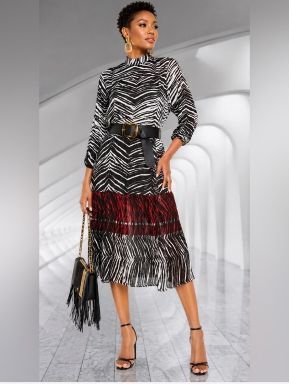 Womens Zebra Print Midi Dress with Red Accent